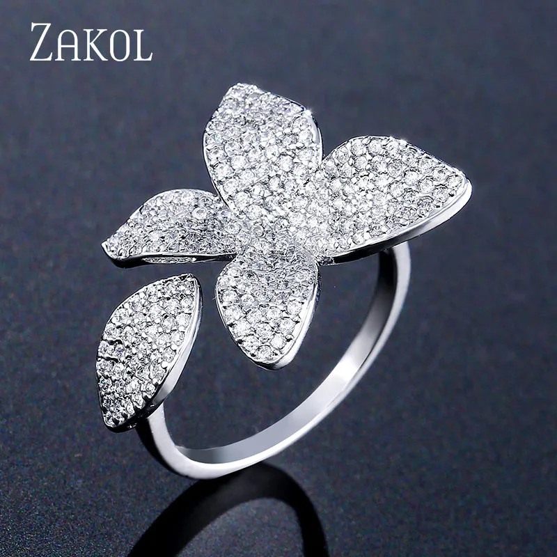 ZAKOL Роскошные AAA кубический циркон открытые кольца микро проложить Установка Роза в форме цветка большой для женщин палец Anneaux ювелирные изделия FSRP2034