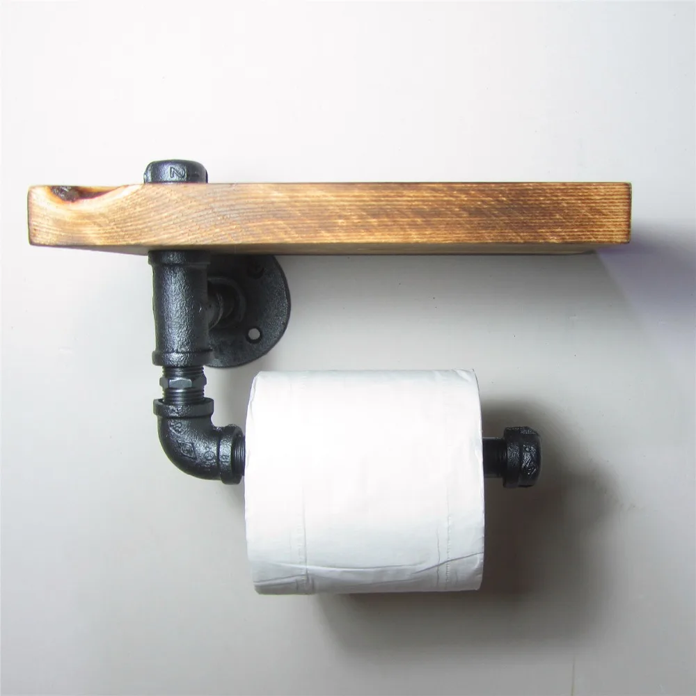 

Vintage Handicraft Urban Industrial Wall Mount Wood Storage Shelf Iron Pipe Toilet Paper Holder Roller Restaurant Restroom Metal