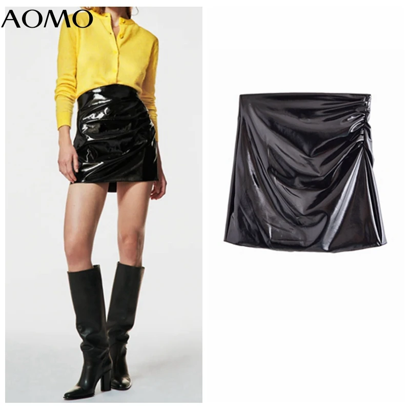 

AOMO, новинка 2021, женская черная плиссированная мини-юбка из искусственной кожи, винтажные женские шикарные юбки на молнии QN233A