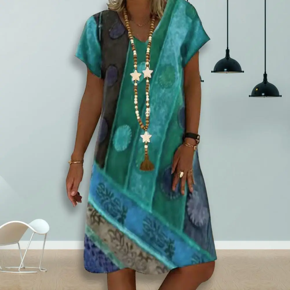 

Женское платье с принтом, повседневное свободное платье-трапеция до колен с V-образным вырезом и коротким рукавом в стиле бохо, лето 2021