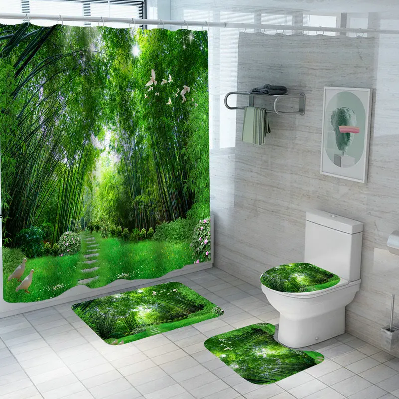bathroom shower curtain green tropical plant leaves bamboo printed for bath anti slip mat sets toilet cover kitchen carpet free global shipping