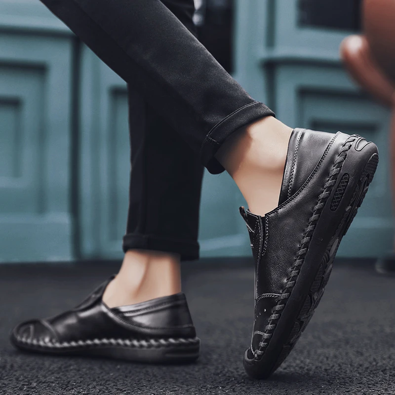 

Geunuine Leather Mens Shoes Handmade sewing slip on Black Fashion Sneakers Men's Casual Shoes outdoor Krasovki Male flats shoes