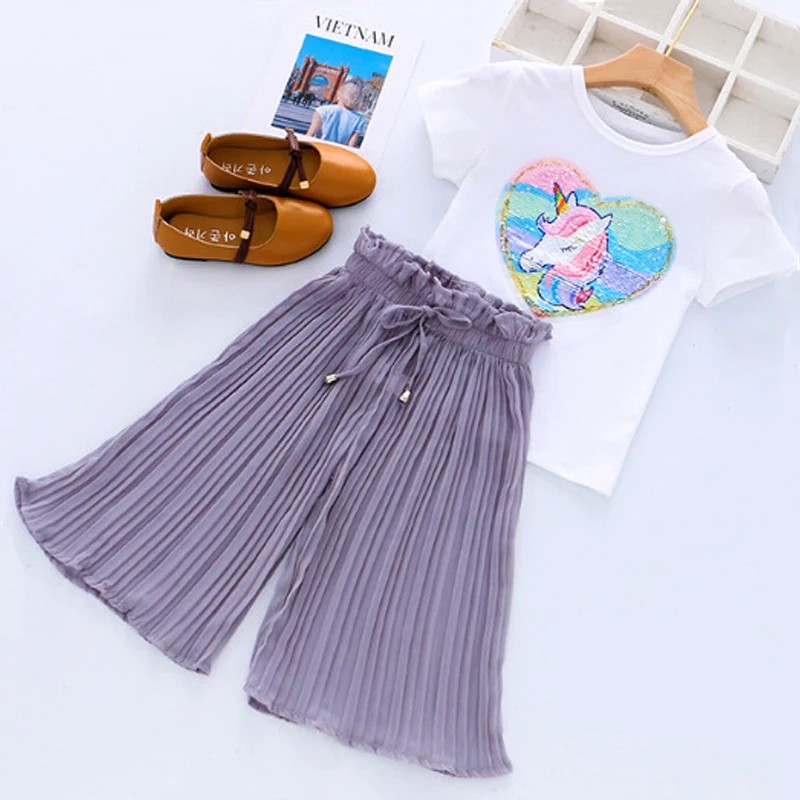 

Комплект одежды Vgiee для девочек, футболка с единорогом и широкие штаны, Детский костюм с коротким рукавом, одежда для маленьких девочек, лето...