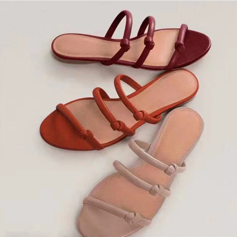 

2022 Women Knot Open Toe Slippers Female PU Leather Slides Ladie Summer Casual Beach Flat Woman Narrow Band Shoes Plus Size