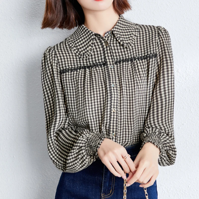 

LJSXLS Lantern Sleeve Button Autumn Ladies Elegantes Plaid Blouses Korean Fashion Women Clothes Chiffon Shirt Top Female 2021
