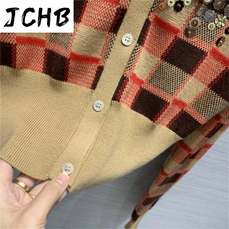 

for Sweater Luxury Women 2021 Early Autumn New Sweet Checkered Contrast Color Sequin Waist Short Wool Cardigan Sweaters