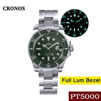 cronos mens water ghost diver watch sapphire glass 40mm green dial ceramic bezel pt5000 automatic movement 200m waterproof lume