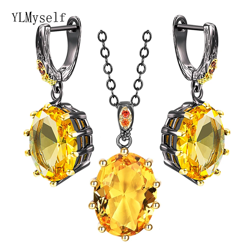 

2PCS Sets Necklace/Earrings With Big Oval Yellow Golden Zircon Gun Black 2 Tone Plating Trendy Jewelry For Women