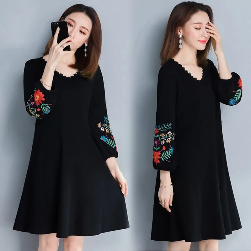 

2021 Black Dress Women Elegant Embroidery Flower Dresses Puff Sleeve V Neck Linen Ladies Loose Clothes Vestidos