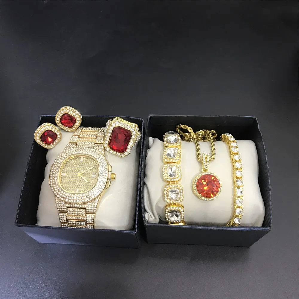 

Luxury Men Watch & Neckalce & Braclete &Ring & Earrings Combo Set Ice Out Cuban Jewerly Crystal Miami Necklace Chain For Men