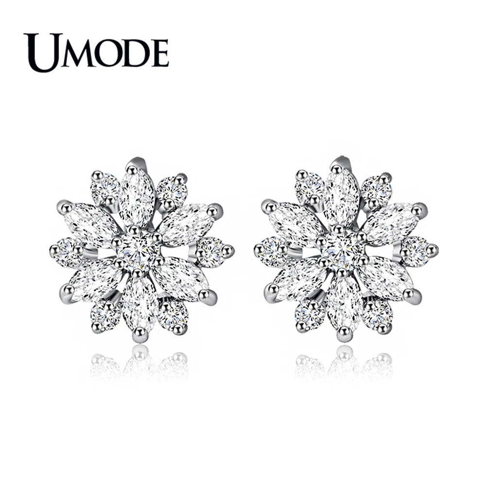 UMODE Marquise Cut AAA + CZ Хрустальный полый цветок серьги гвоздики для женщин Белое золото