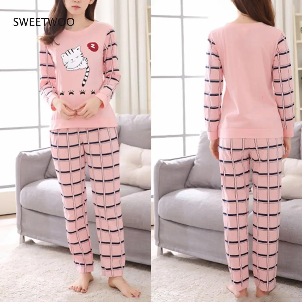 2021 Women's Pajama Set Winter Ladies Cartoon Sleeping Cat Print O-Neck Long Sleeve PajamasTwo Piece Home Wear