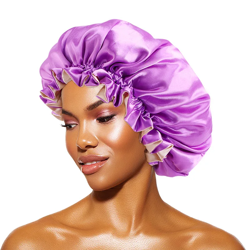 

Women Large Double Layer Soft Satin Sleep Cap Night Sleep Hat Hair Bonnet Elastic Adjustable Women Solid Color Voilet Purple