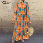 Платье-макси Celmia женское с принтом в богемном стиле, Повседневный Сарафан с круглым вырезом и длинным рукавом, свободный Кафтан Вечерние вечернее