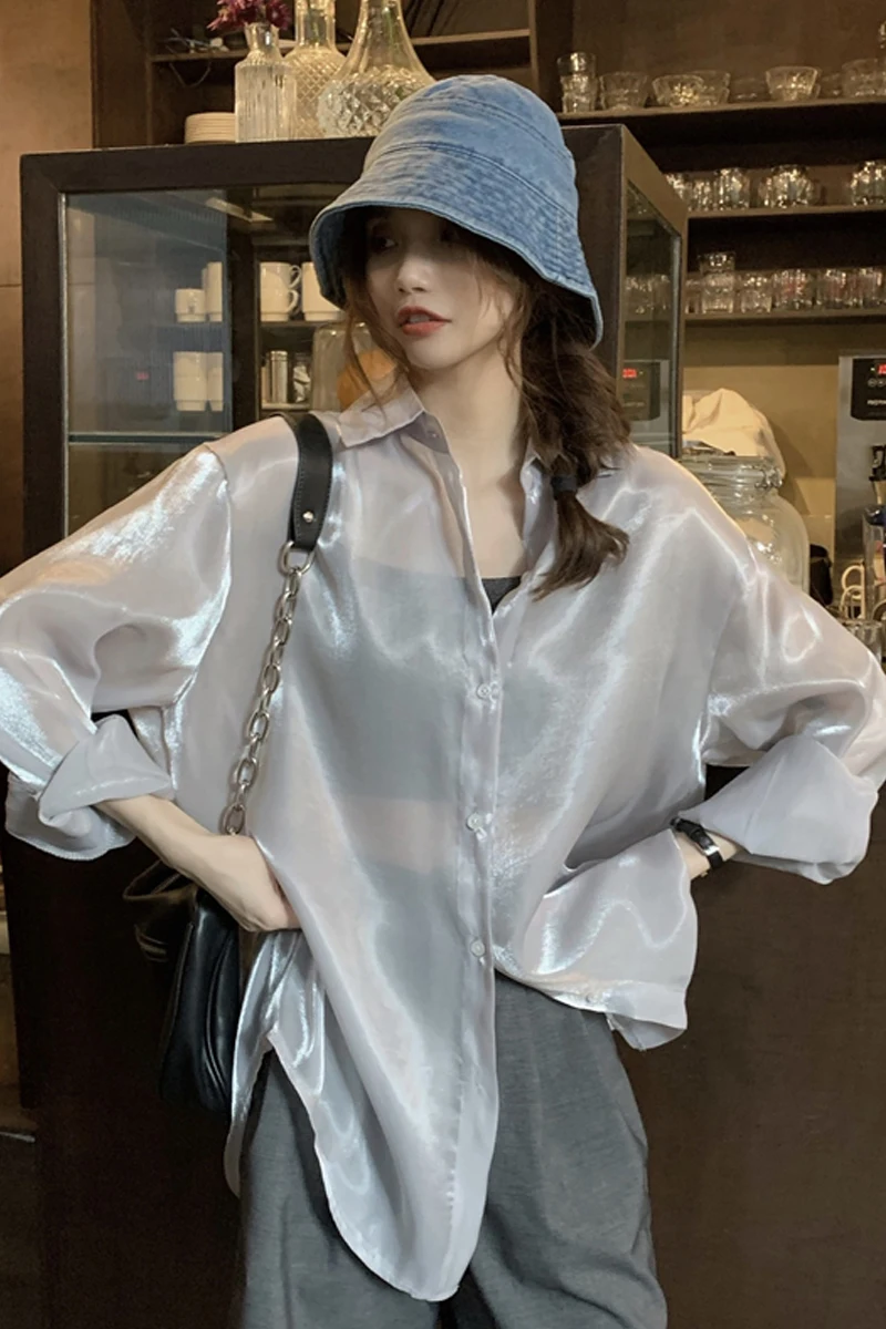

GOOHOJIO 2021 New Autumn Oversized Women Blouses Tops V-Neck Button Loose Women Shirt Female Harajuku Simple Long Sleeve Shirts