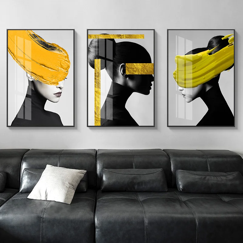 

Abstract Beauty Woman Wall Art Fashion Poster Black White Lemon Yellow Gold Foil Canvas Painting Pictures for Home Decor