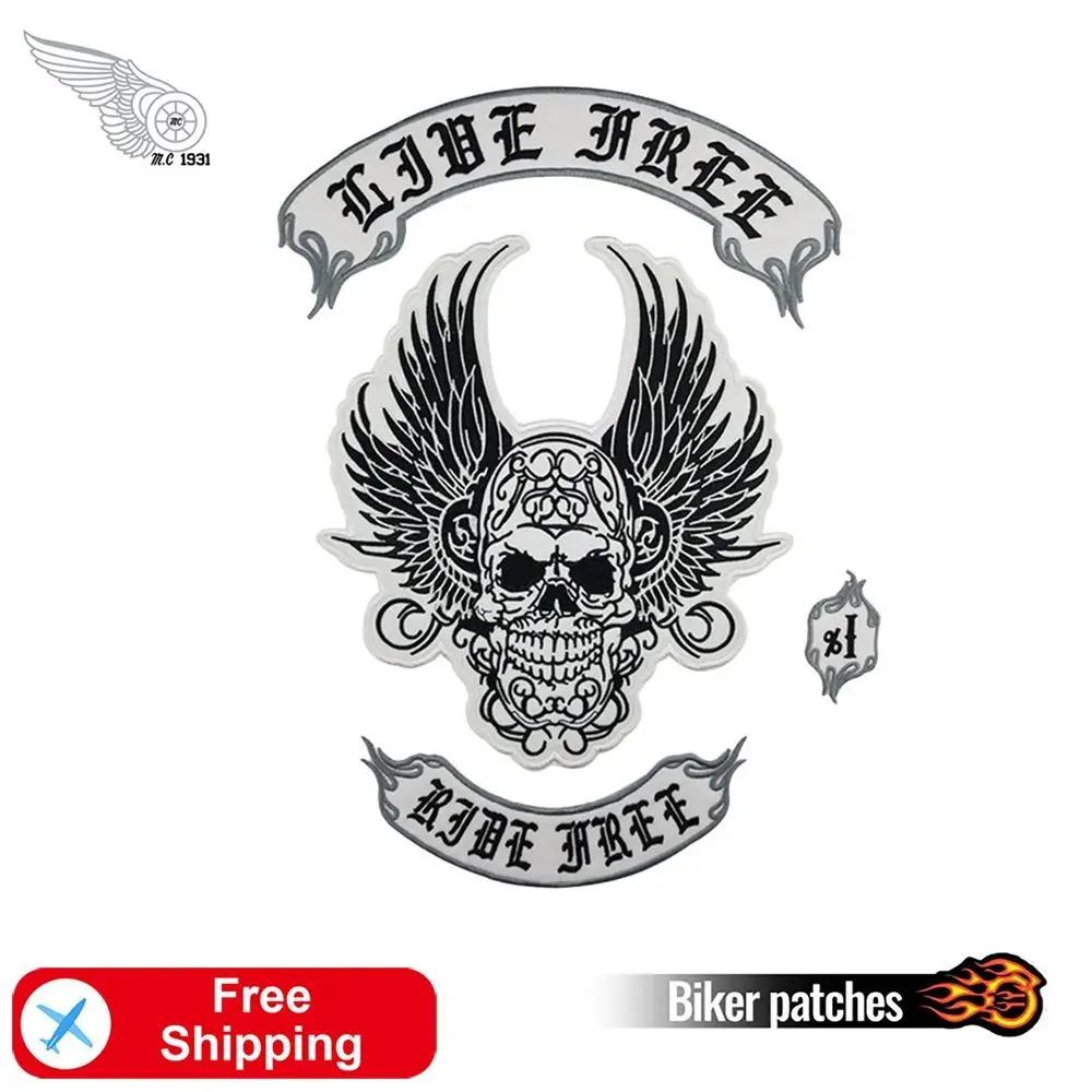 Бесплатная джинсы с вышитыми черепами нашивки большой Байкер назад MC мотоцикл