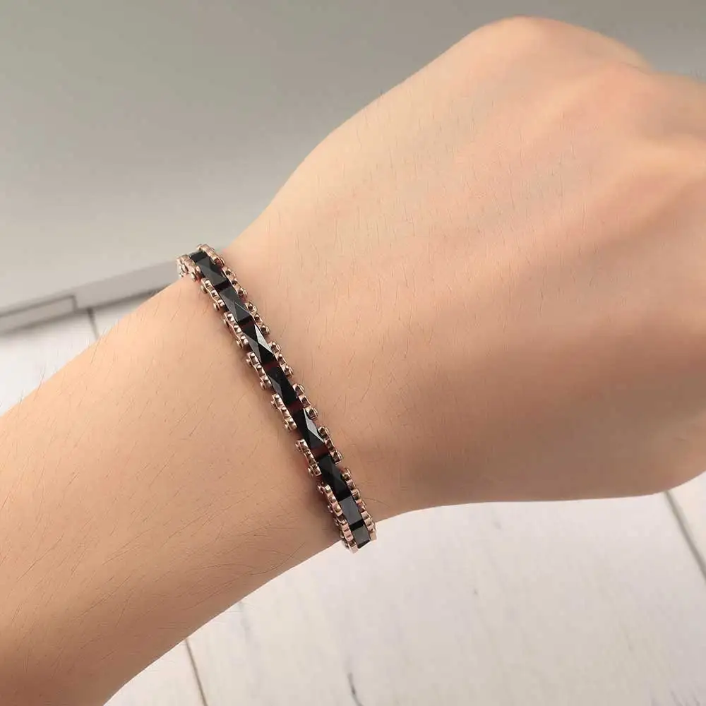 Moocare rose gold stainless steel wrist chain black women men charm bracelet ceramic jewelry accessories for ladies