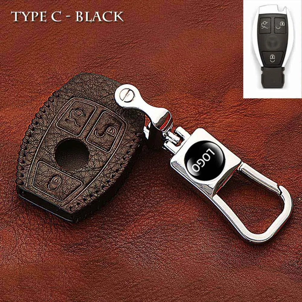Type C - Black Кожаный чехол для ключей автомобиля, чехол для ключей для Mercedes Benz W203 CLS CLA GL R SLK AMG A B E C S Class, держатель для пульта дистанционного управления, автомобильные аксессуары - Название цвета: Type C - Black