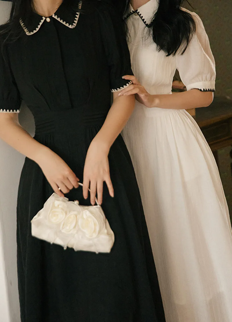 

Black White Color Vintage Sister Dress Summer French Style Peter Pan Collar Puff Sleeve Elegant Midi Dress Vestido Negro Blanco