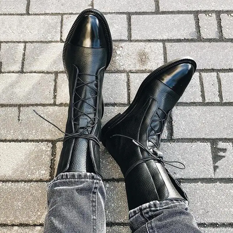 

Chunky Heel Short Boots For Women Fashion 2021 New British Style Black Lace-up Leather Booties Female Boots Shoes Plus Size 43