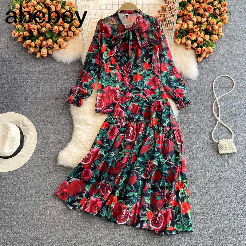 

2021 New Summer Women French V-Neck long sleeve bow bandage print Shirt Top + high waist print pleated Skirt two piece set