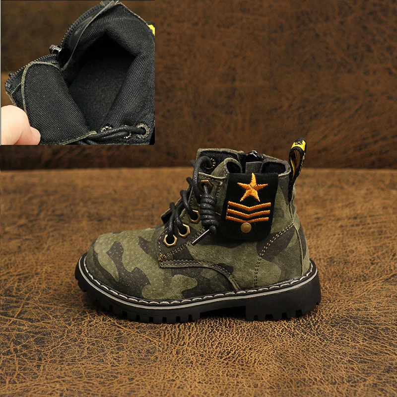 army green single Детские осенние и зимние ботинки martin из натуральной кожи; Новые камуфляжные ботинки с мягкой подошвой для мальчиков и девочек; модная детская обувь на молнии сбоку - Цвет: army green single