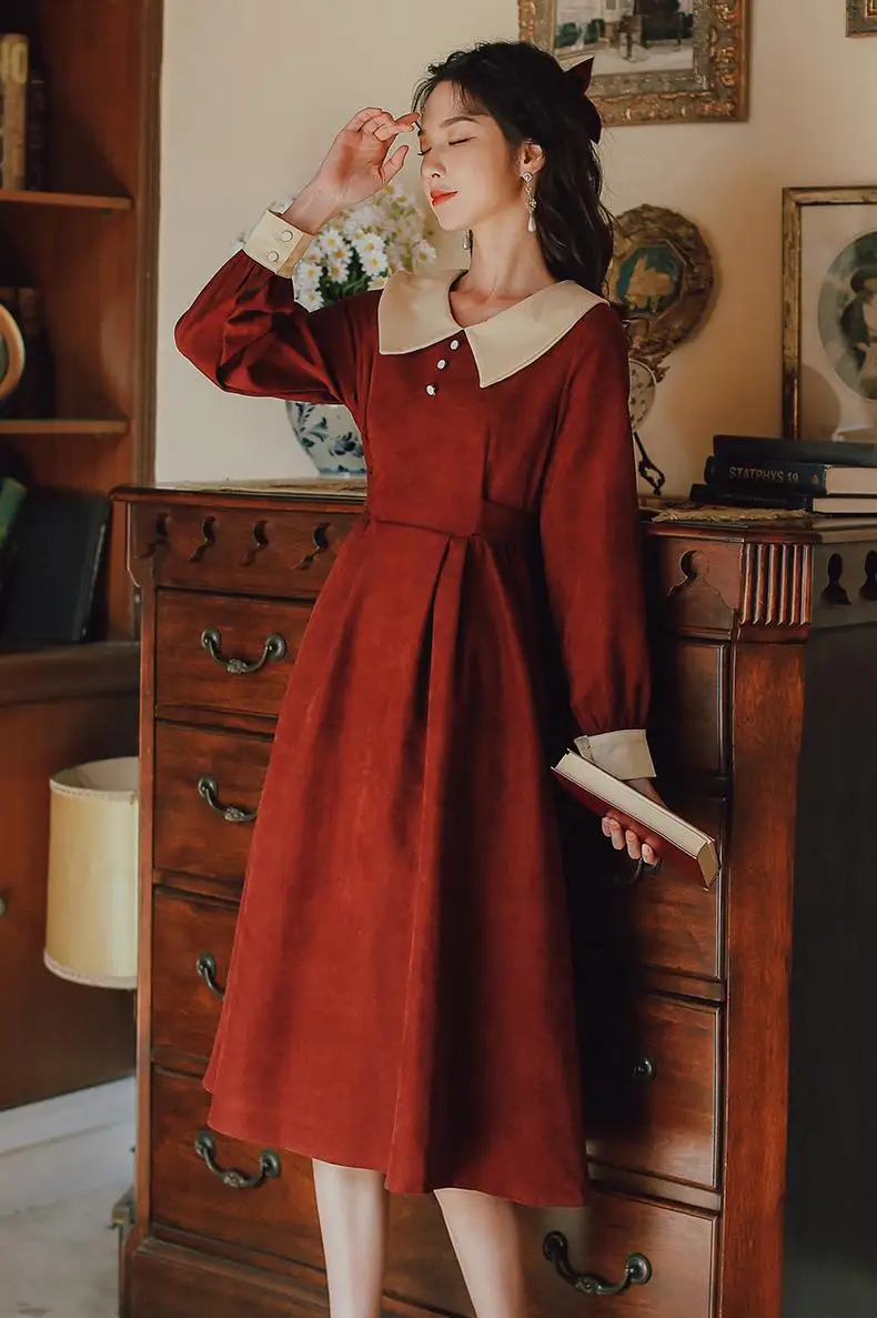 

COIGARSAM Vintage Full Sleeve Women dress Dresses Red Black Q833