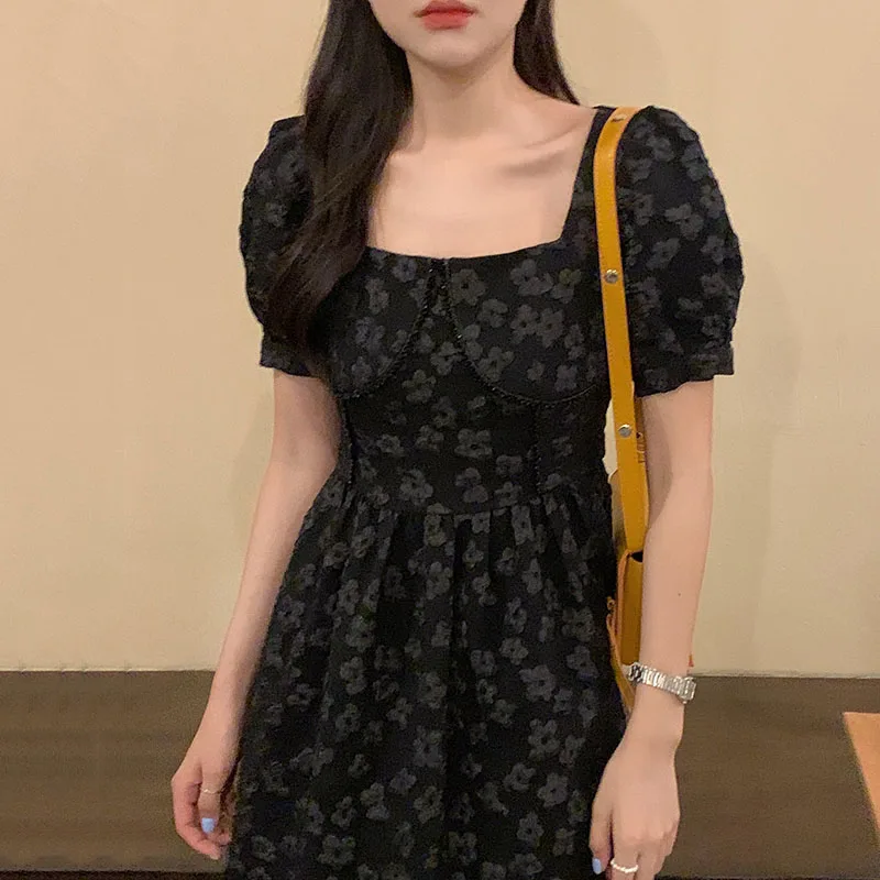 

Korean Fashion Women'S Dresses New 2021 Summer Dress French Elegant Square Neck Jacquard Beading High Waist Puff Sleeve Dresses