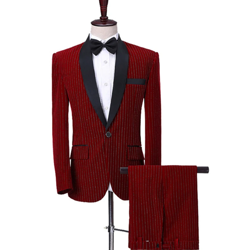 Plyesxale Burgundy Black Royal Blue Striped Suits For Men Slim Fit Mens Velvet Suit 2 Pieces Singer Stage Wedding Costume Q605 | Мужская