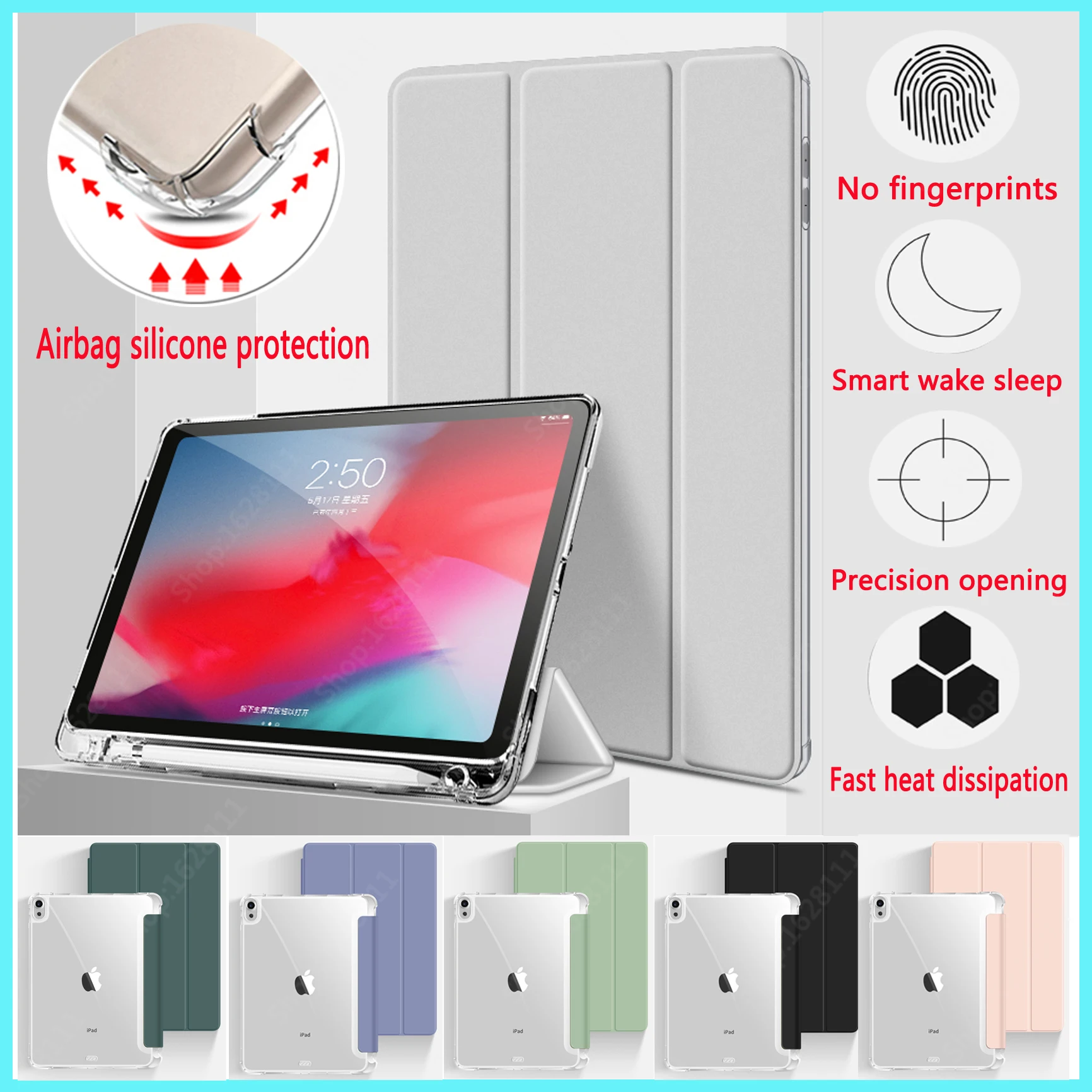 

Pencil Holder For iPad 10.2 inch 9th 8th 7th 2021`2020 Air 4 10.9”Case Pro 11 10.5`9.7" 7.9" Mini 6 5 airbag Soft Cover Case
