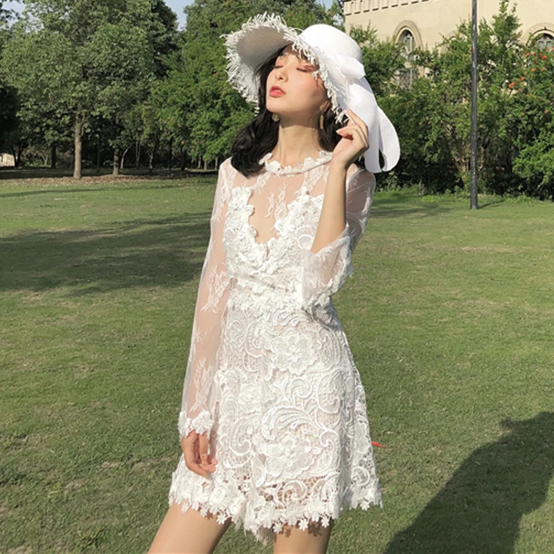 

Sexy Lace Embroidery Mesh Transparent Temptation Short Jumpsuits Rompers Women Sweet Fairy Female Summer Patchwork Playsuits