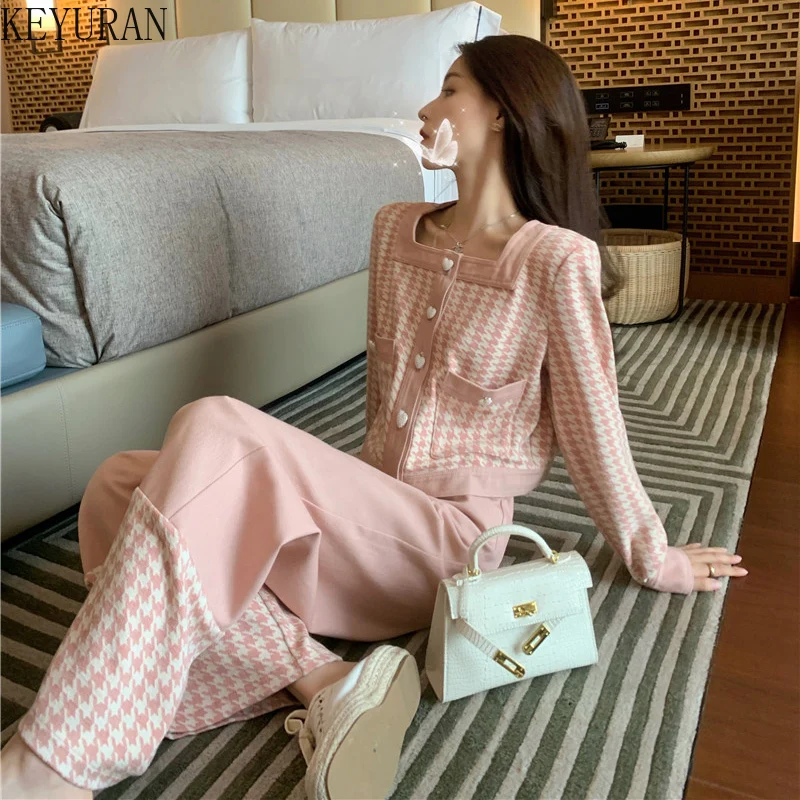 

Autumn Winter Knit Trousers Set Women Square Neck Houndstooth Cardigan Sweater + Wide Leg Pants 2 Piece Sets Ropa Muje Outfits