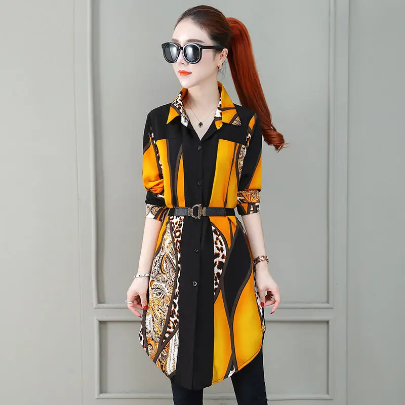 

Long Sleeve Shirt Trend 2021 New Korean Slim Mid-length Chiffon Top Dress Temperament