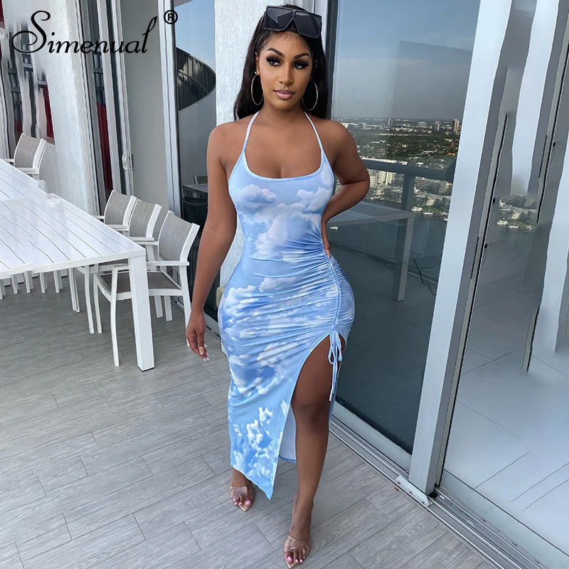

Simenual Tie Dye Drawstring Side Slit Women Maxi Dresses Strap Sleeveless Party Club Fashion Slim Backelss Bodycon Halter Dress