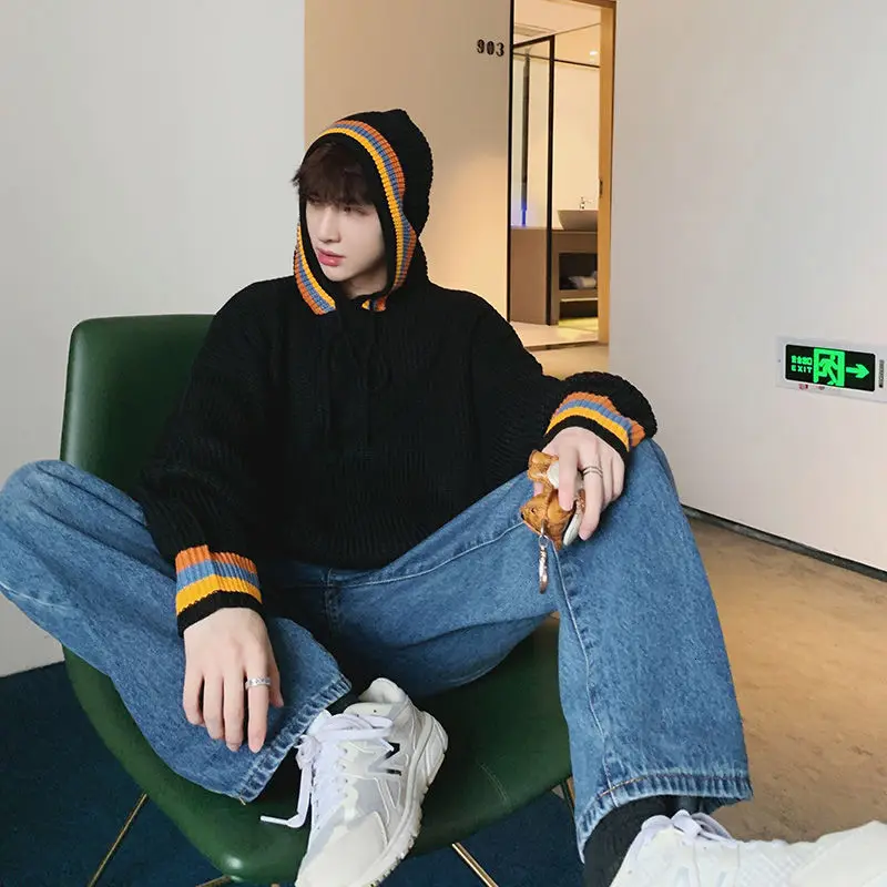 

Korean style mens long sleeve wool sweaters loose pullover hooded mens cashmere black coats keeping heat M-2XL knitting