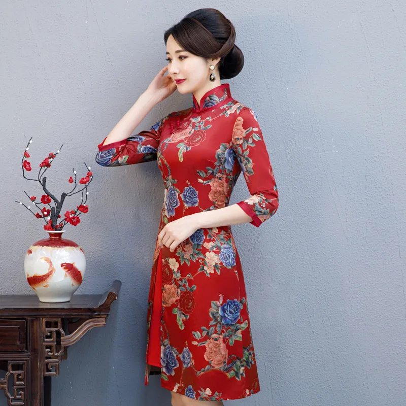 

Красный с высоким уровнем платье Ципао с разрезом платье для женщин элегантные винтажные туфли в китайском стиле новинка Cheongsam ручной работ...