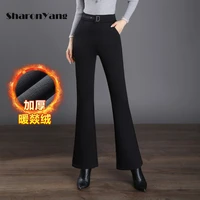 2021 winter new micro flared pants women plush thickened high waist elastic bell bottom pants warm casual large size pants