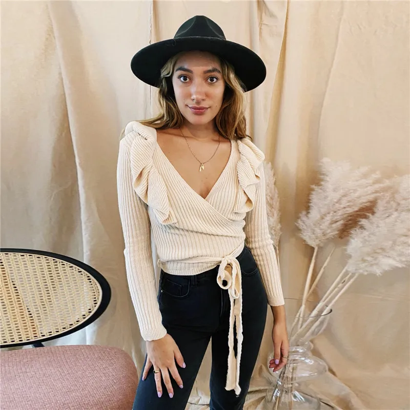 

2020 Woman Sweaters Cardigan Coat Sexy V-Neck Lace-up Slim Knit Sweater Mujer Suéteres Kobieta Swetry Pull Femme женские свитера