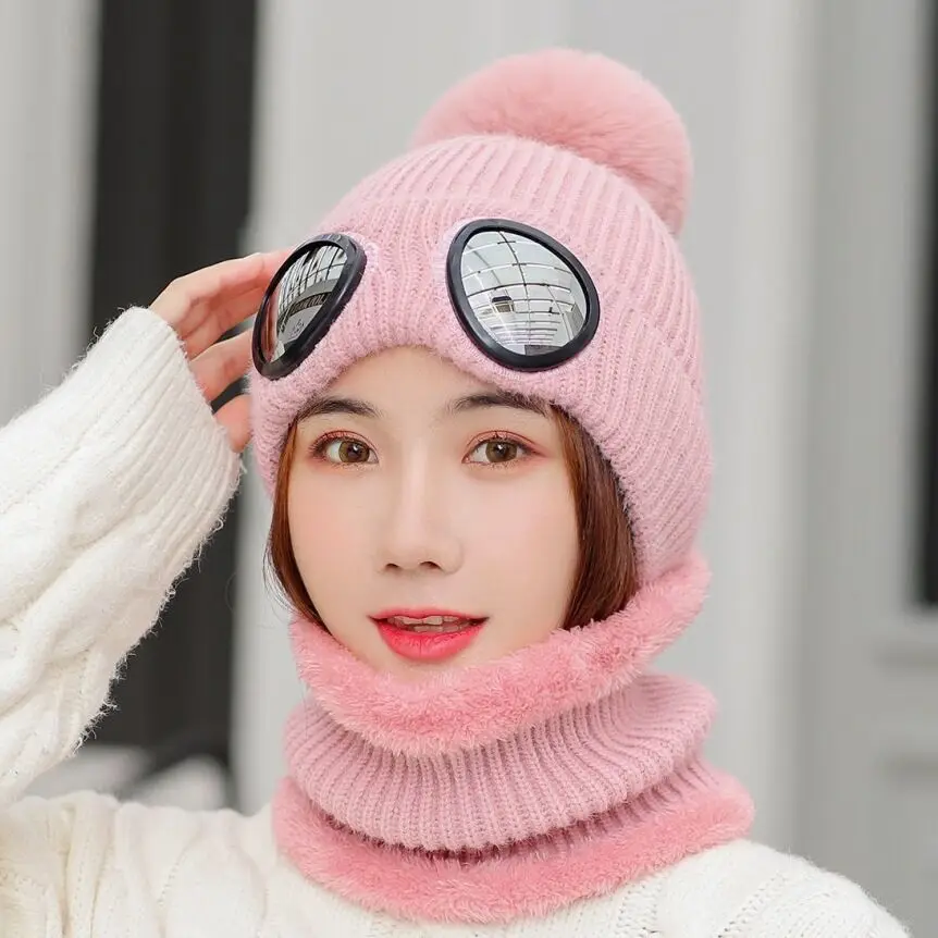 RUHAO зимняя вязаная шапка теплая шапочки Skullies Лыжная Шапка со Съемные очки для женщин и мужчин Кепка для занятий спортом на открытом воздухе