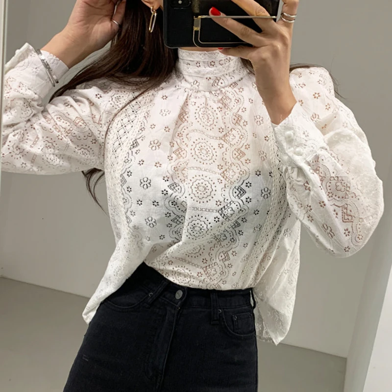 SHENGPALAE 2020 новая весенняя Черная Женская блузка со стоячим воротником с длинными