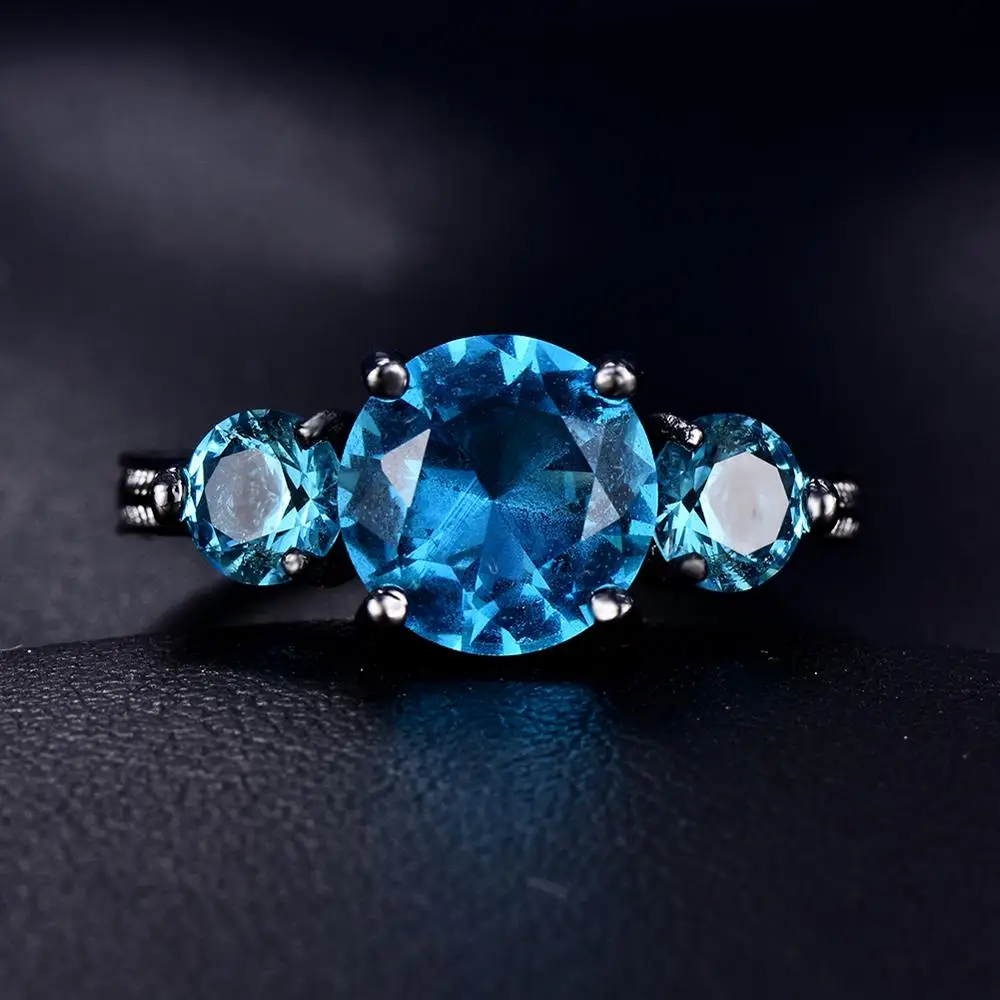 Blaike Three Aqua Blue Stone Cubic женские кольца на палец Vintage Black Gold Filled Свадебный ювелирные