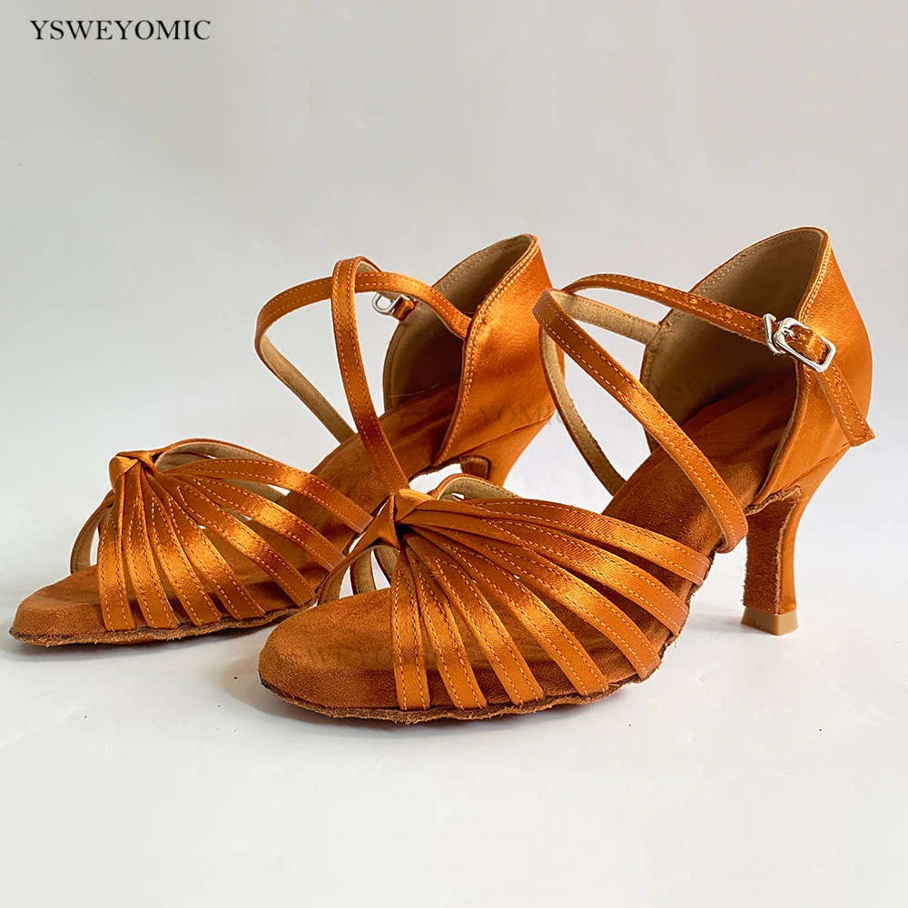 Classcial Style Bronze Satin Latin Dance Shoes 2021 Ballroom Salsa Suede Outsole Flexible 5-10cm heel Dance Shoes For Women
