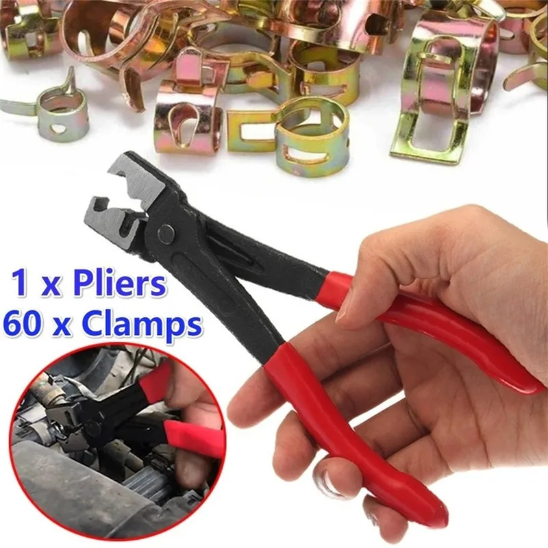 

60Pcs Hose Clamps & 1PC Clamp Plier Auto Hose Clamp Pliers Set Cable Type Flexible Wire Pliers Tube Bundle Removal Repair Tool