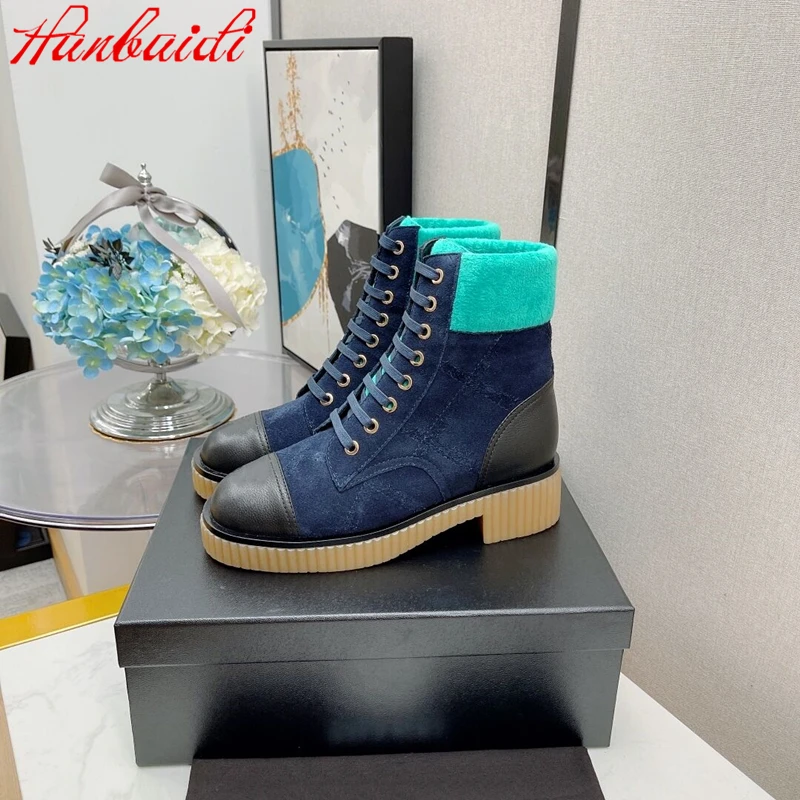 

Winter Short Boots New Shoes Women Natural Kid Suede Patchwork Genuine Leather Martin Boots Lace-up Botas De Mujer Size 35-41