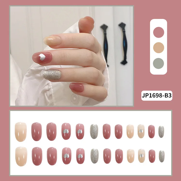 

Fake Nails Short Round Head Bean Paste Powder Love Nail Stickers Finished Nail Stickers 24 Pcs Nail Stickers With Glue STTX889