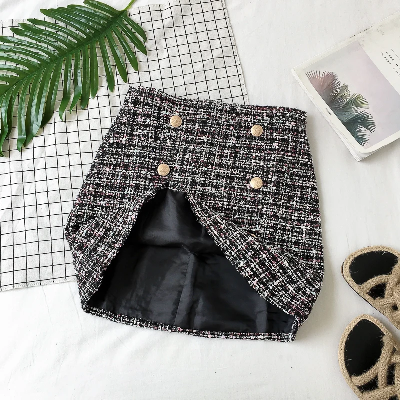Женская твидовая юбка на пуговицах винтажная Осенняя мини карандаш шерстяная