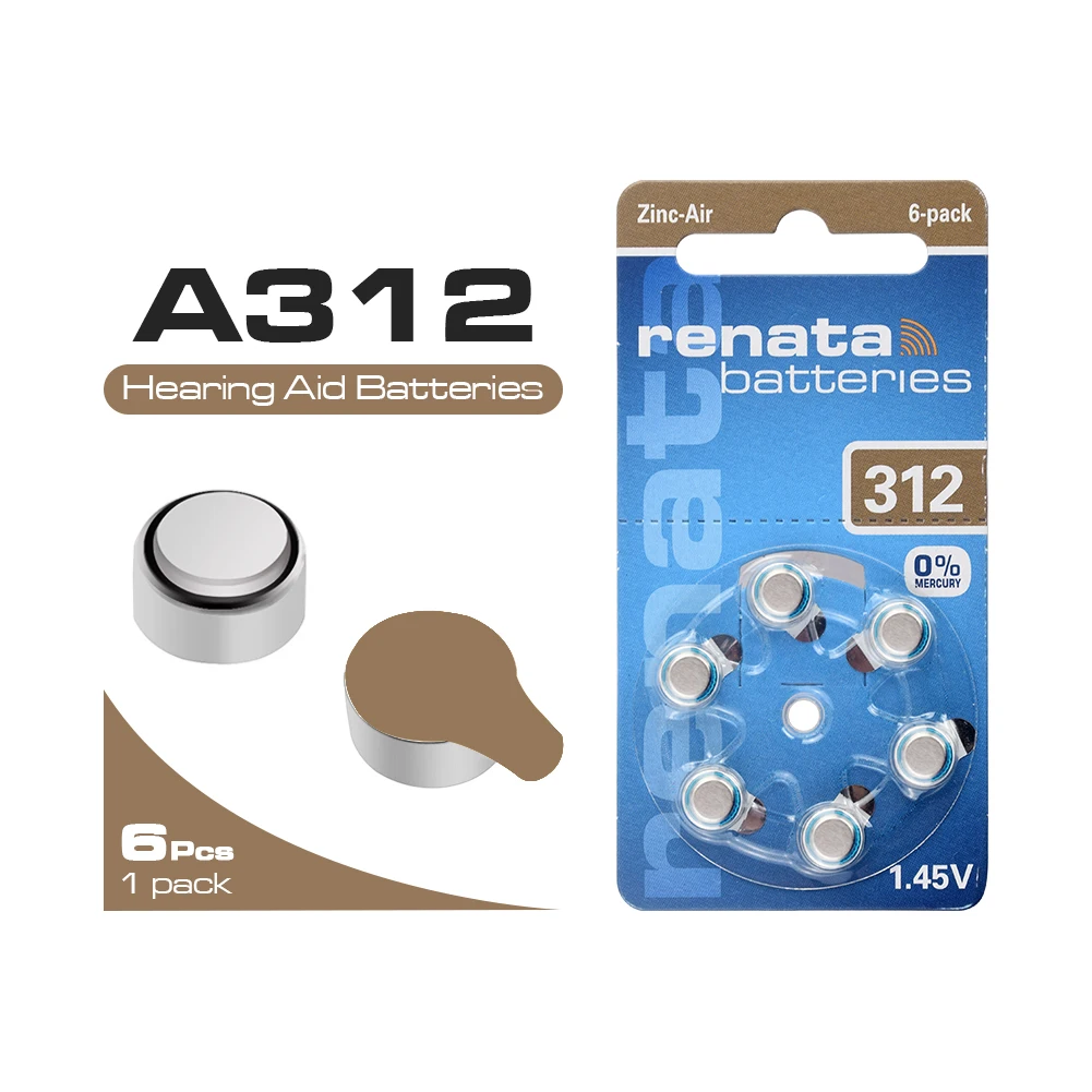 

6Pcs ZA312 312A P312 Battery 1.45V For Hearing Aid Zinc Air Button Batteries