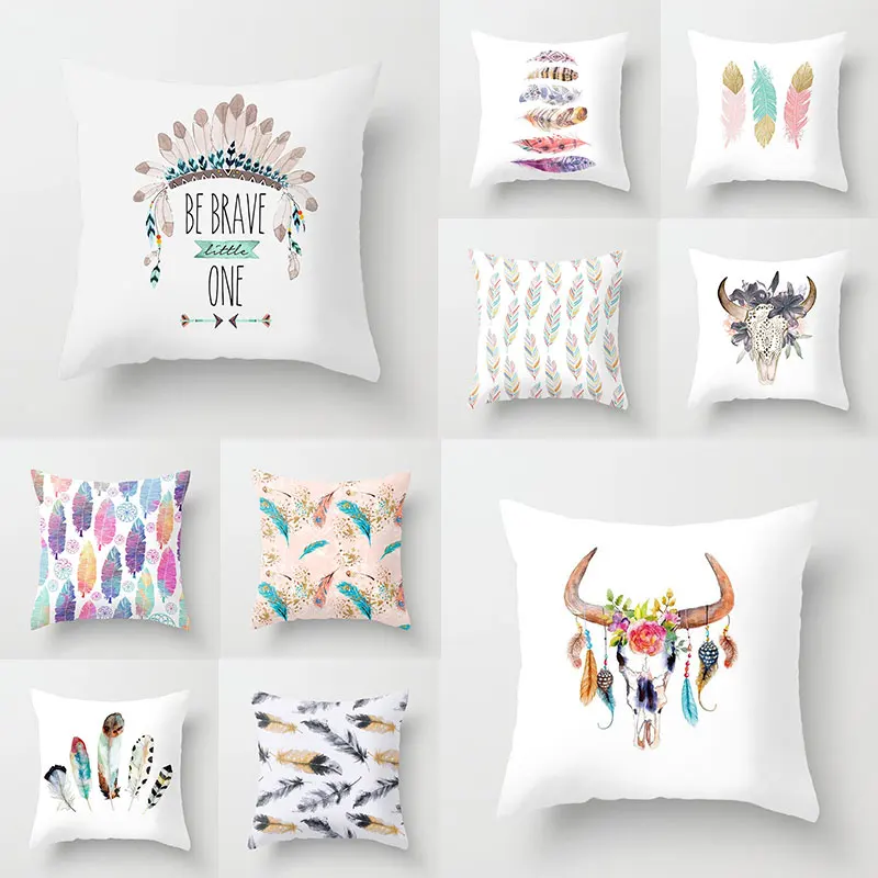 

Boho Throw Pillow Case Abstract Bulls Feather Pillowcases Bohemia Cushion Covers for Home Sofa Chair Decorative Pillowcases New