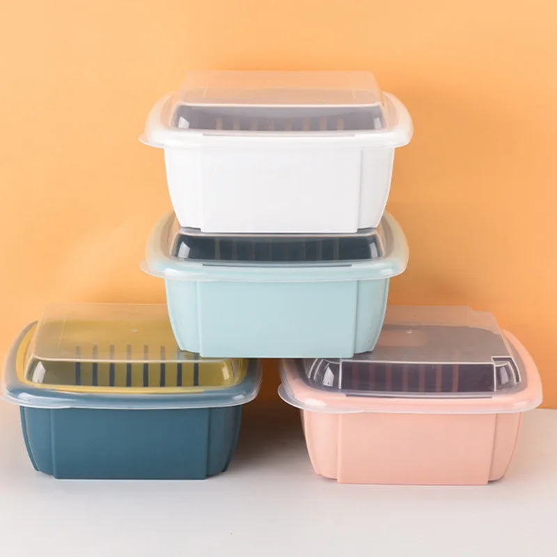 

Double-Layer Drain Basket With Lid Fruit Vegetable Refrigerator Crisper Square Washing Basket Strainer Kitchen Storage Tools